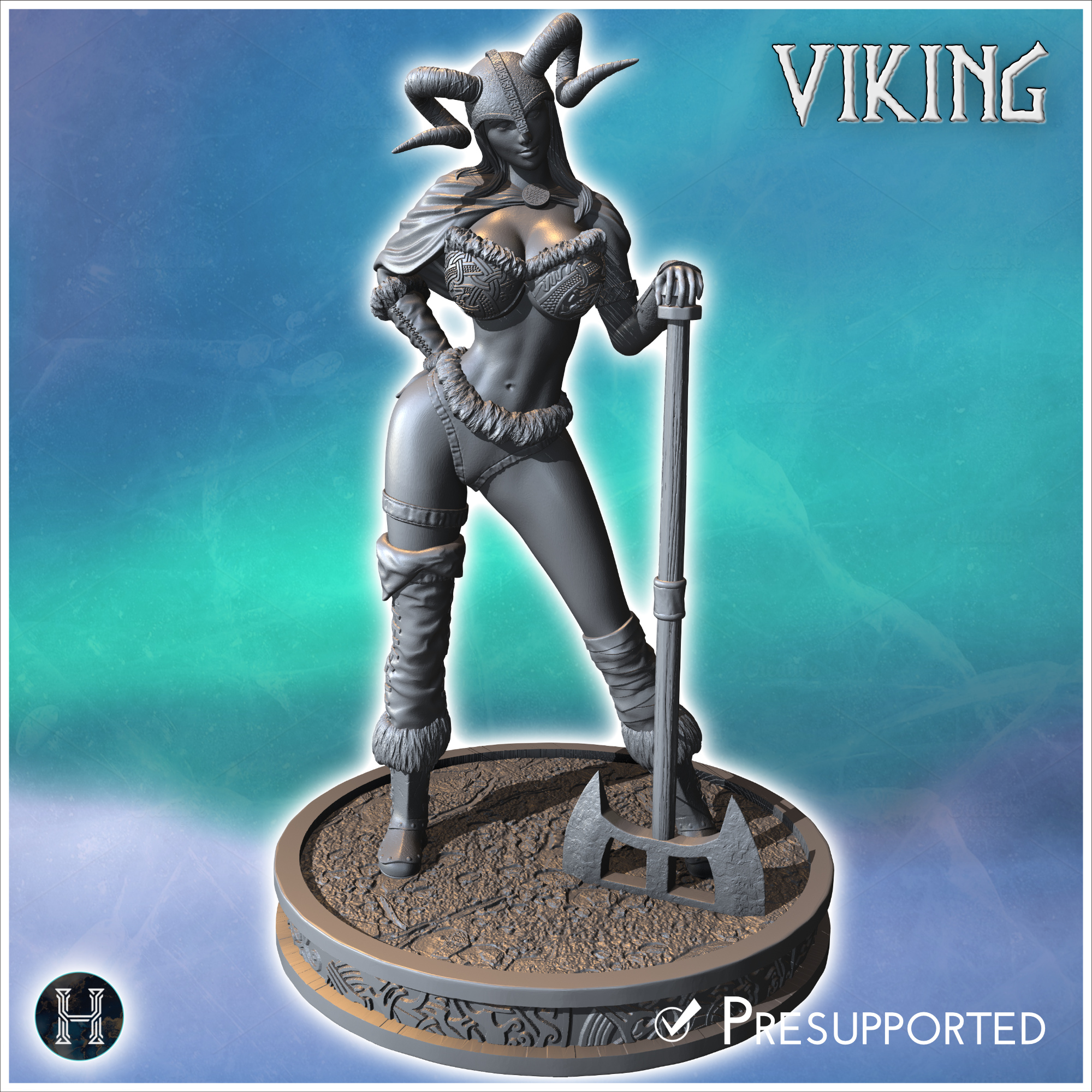 Viking woman holding a large axe, wearing detailed armor and a horned helmet (29) - North Northern Norse Nordic Saga 28mm 15mm Medieval Dark Age